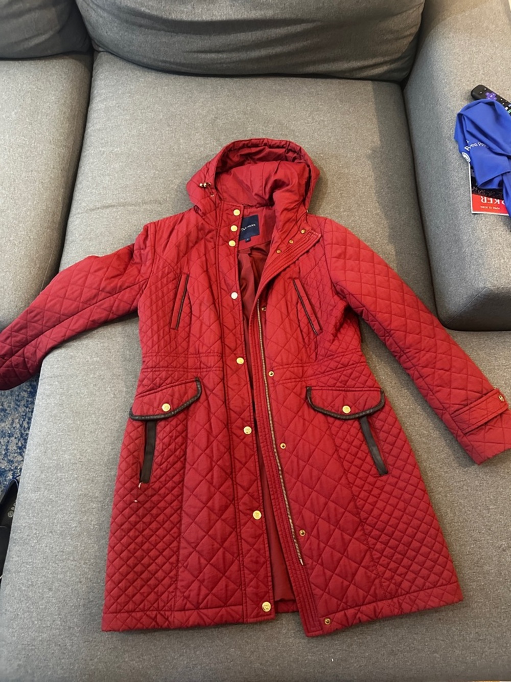 Cole Haan Quilted Red Hooded Long Coat with Gold Hardware